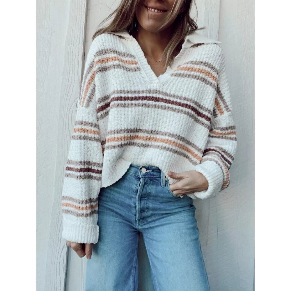 FREE PEOPLE Kennedy Stripe Pullover in Cream Size X-Large
